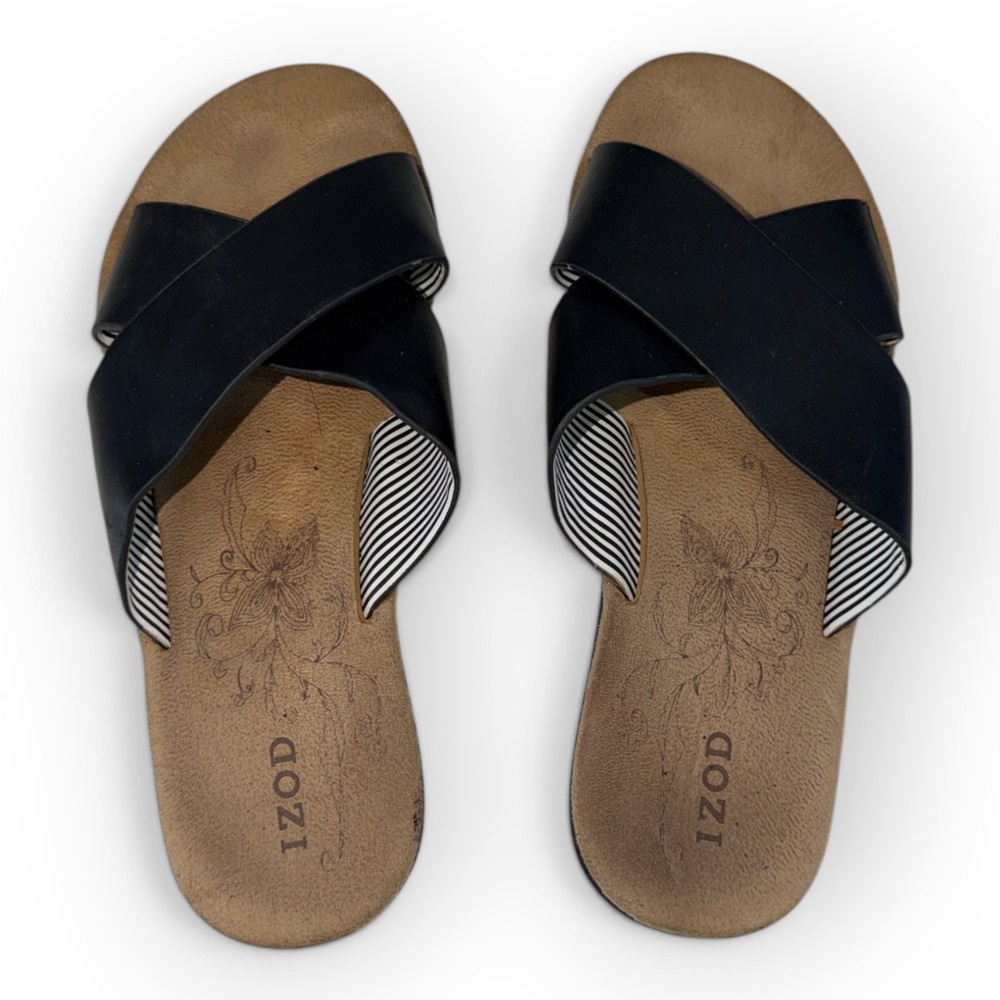 IZOD Womens Black Crisscross Slide Sandals Size 6 Striped Lining Flat Summer‎